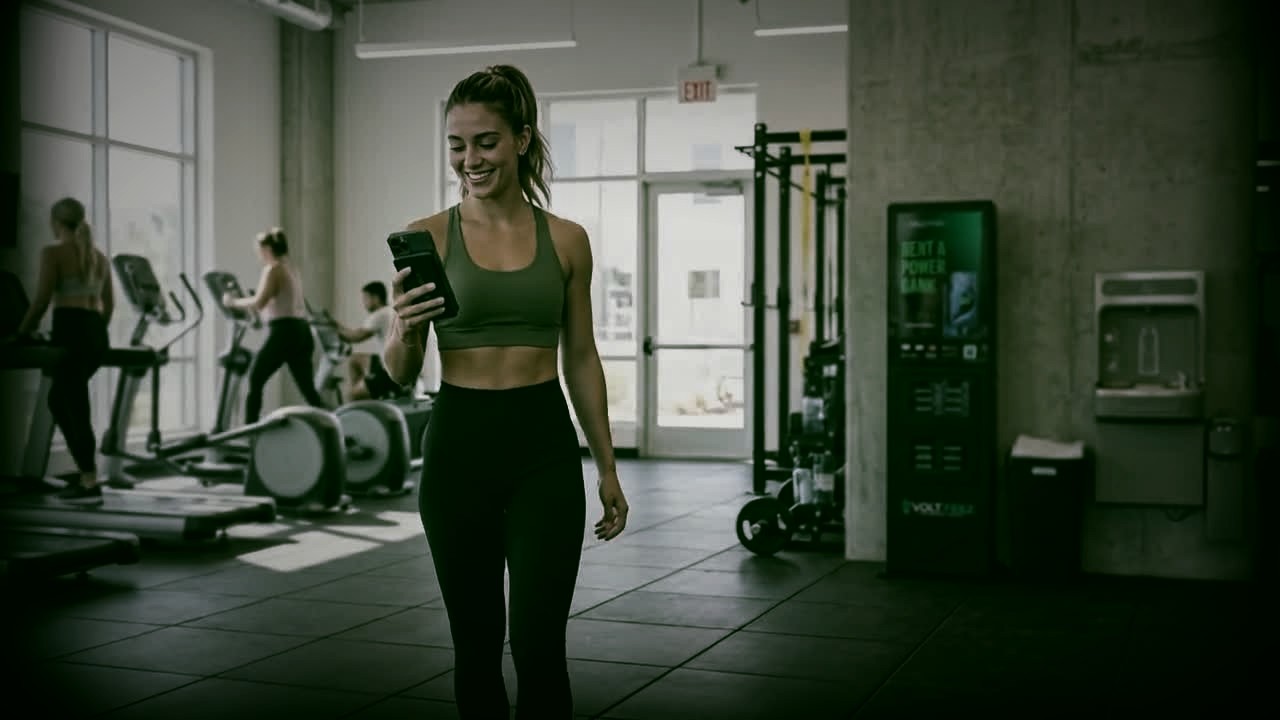 Una persona in palestra usa lo smartphone accanto a una stazione VoltFeez